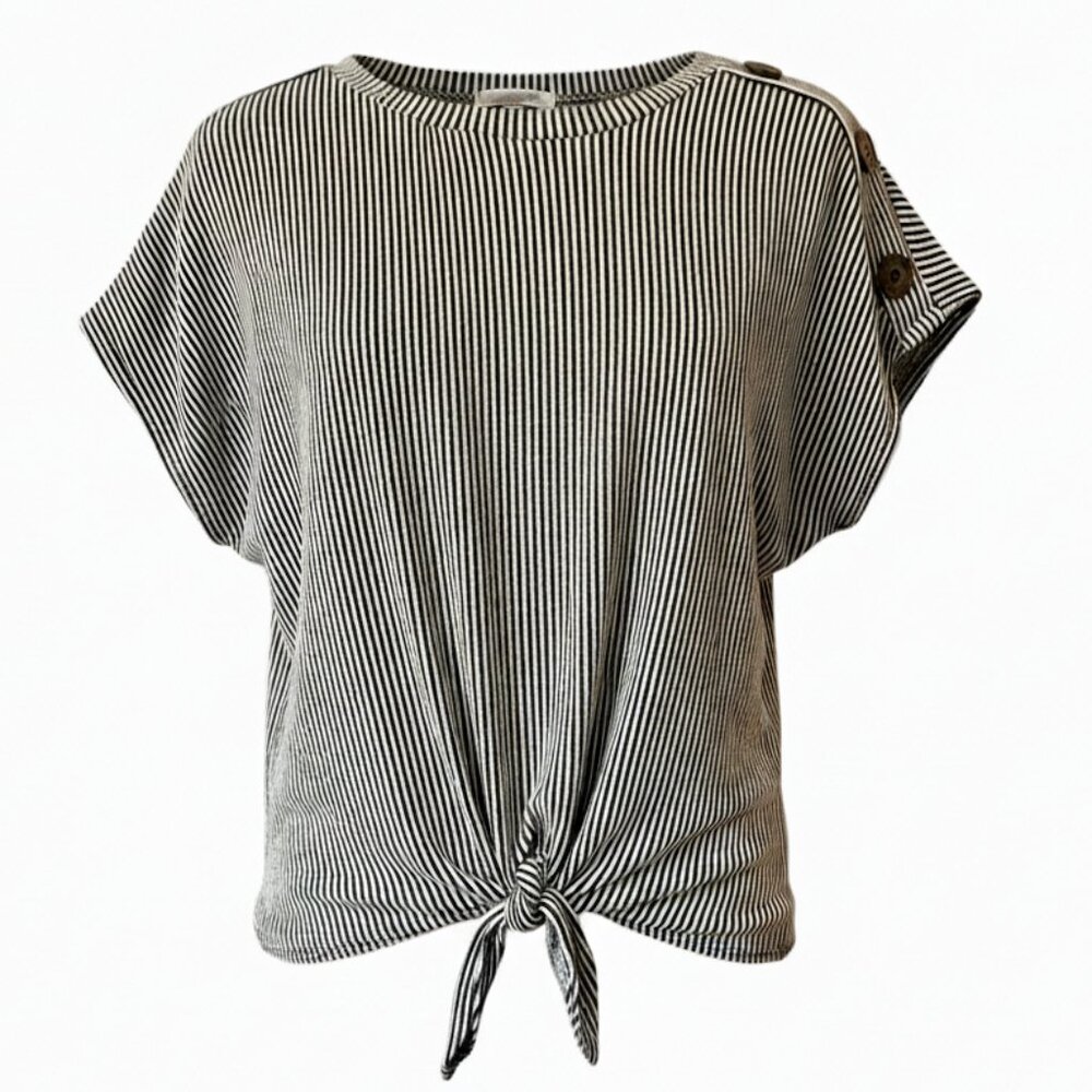 EXCLUSIVE ONE - Shirt cap sleeves Front tie knot Gray & white stipes x-large